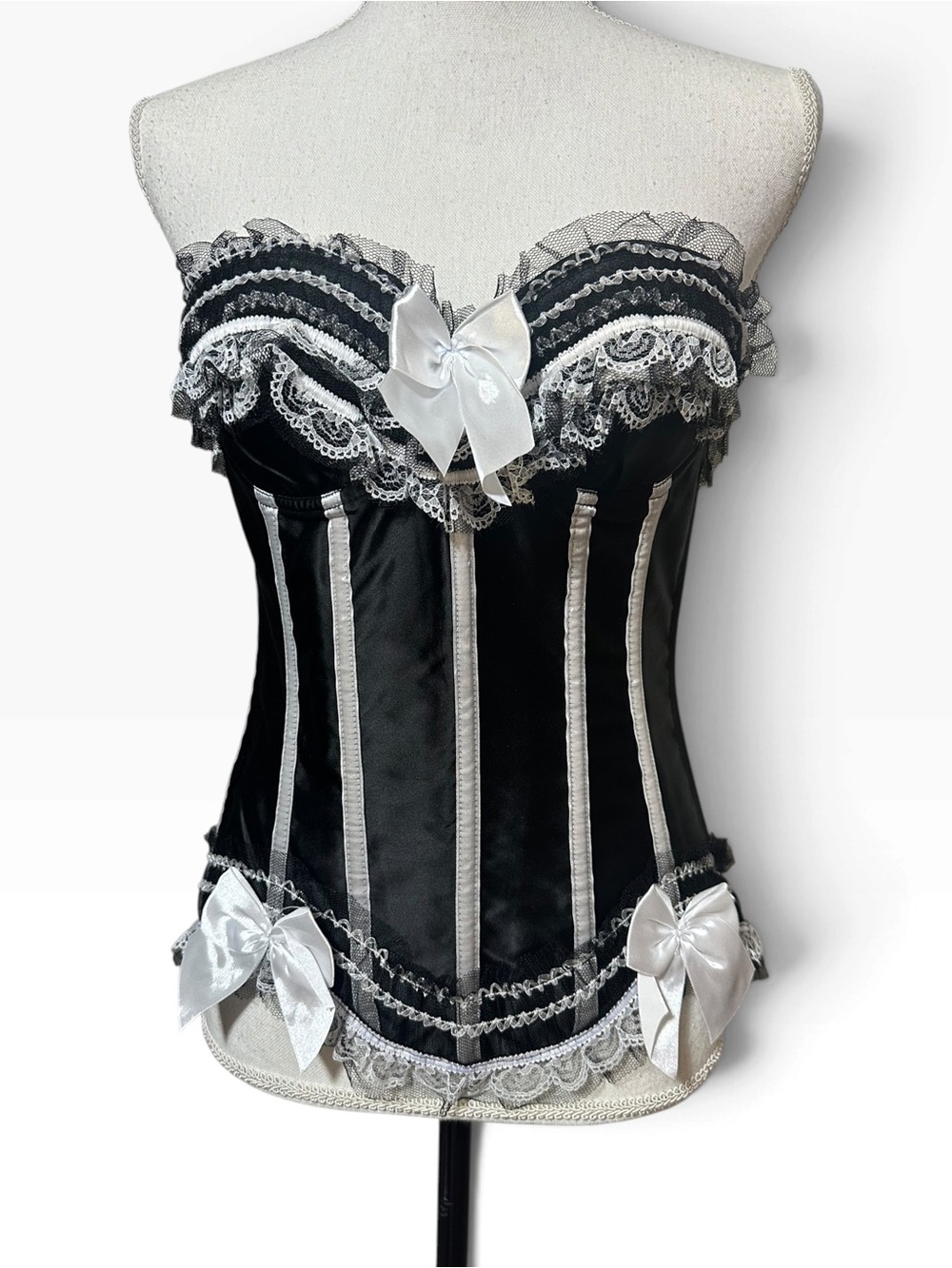Black & White Lace Satin Corset Bustier with Bow Accents